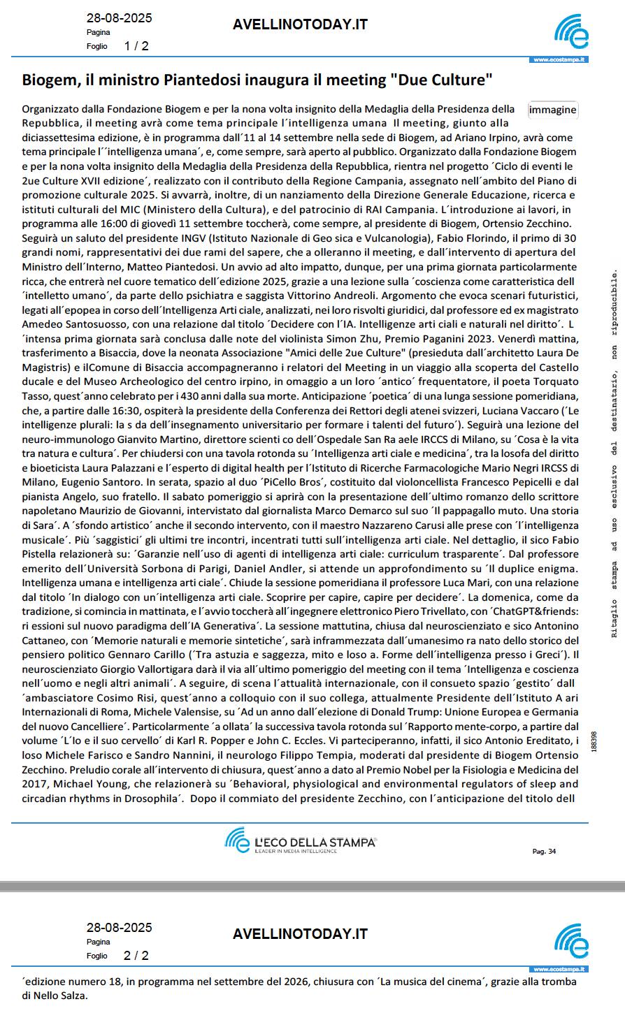 Biogem, il ministro Piantedosi inaugura il meeting " Due Culture"